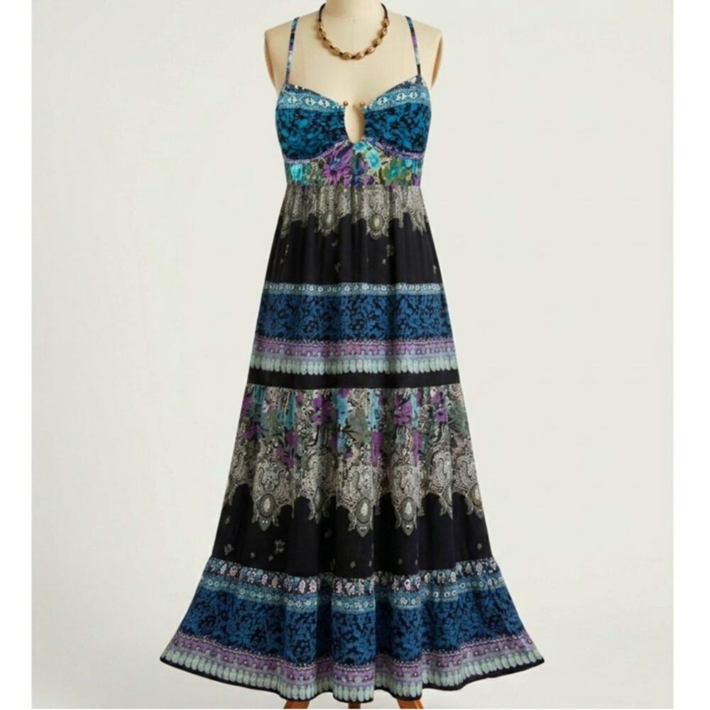RARE Free People Give A Little Maxi Dress Blue Black S Combo Keyhole SOLD OUT